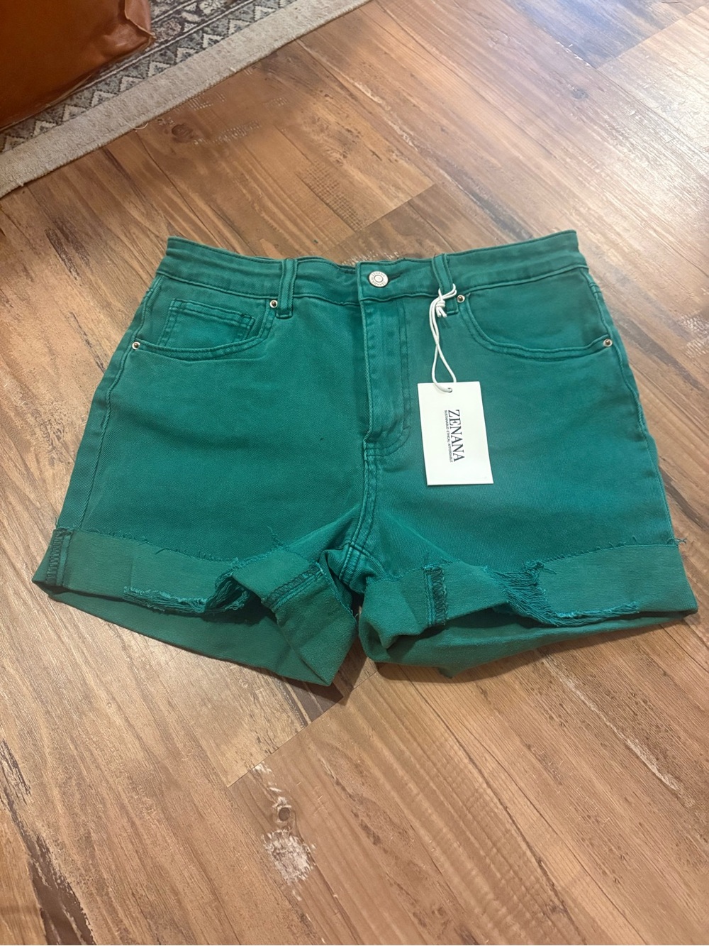 Zenana Outfitters Teal Green Distressed High-Rise Denim Shorts